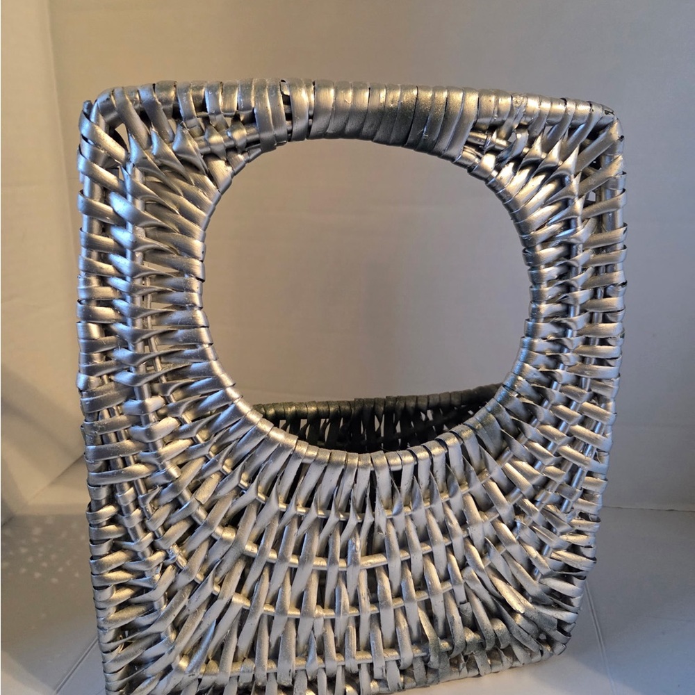 Silver Basket, Large Wicker Rattan Painted Silver